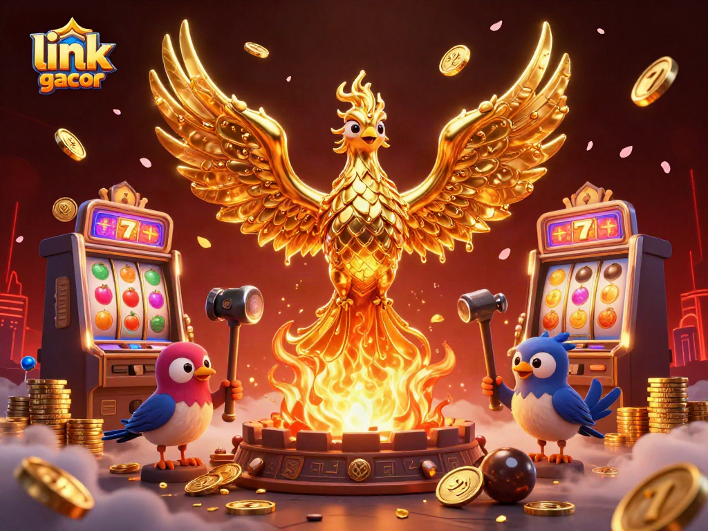 Experience thrilling gameplay with link slot gacor, showcasing a dynamic scene of a golden phoenix and rich casino elements.