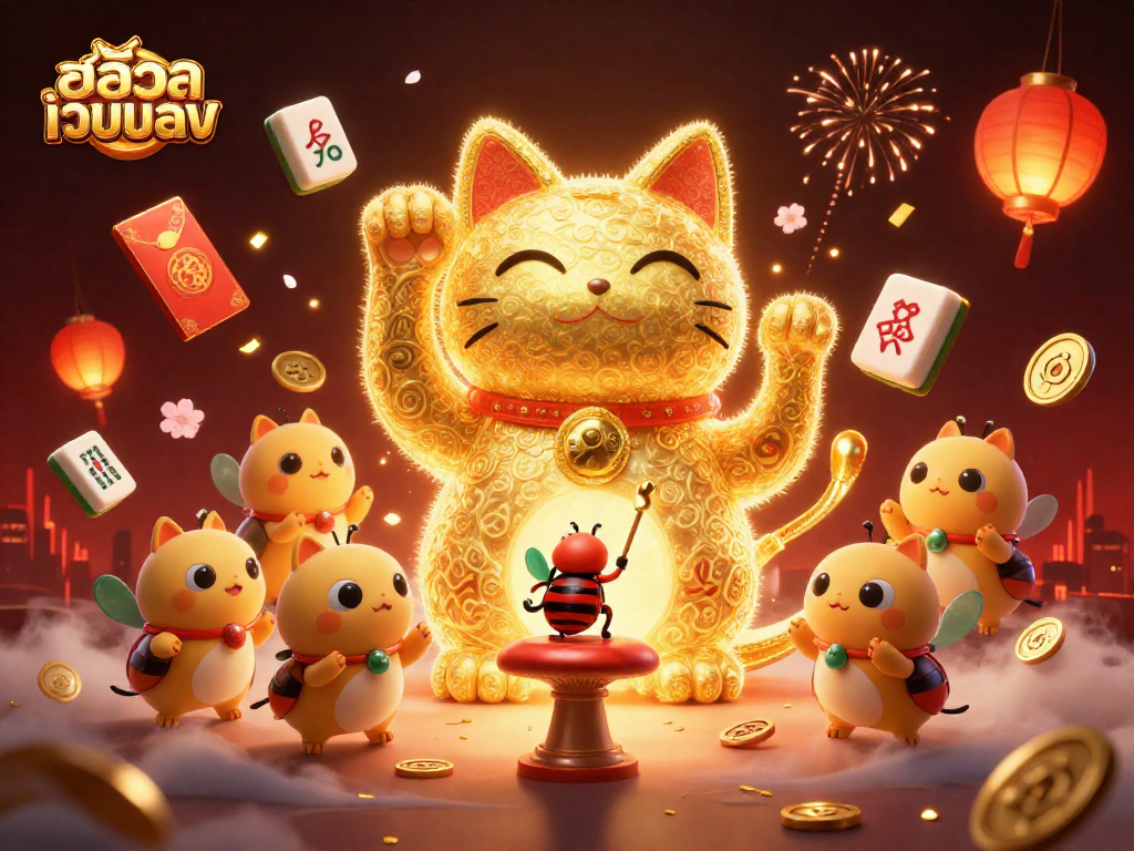 Engage in thrilling สล็อตเว็บตรง gameplay with a lucky cat illustration and festive casino elements.