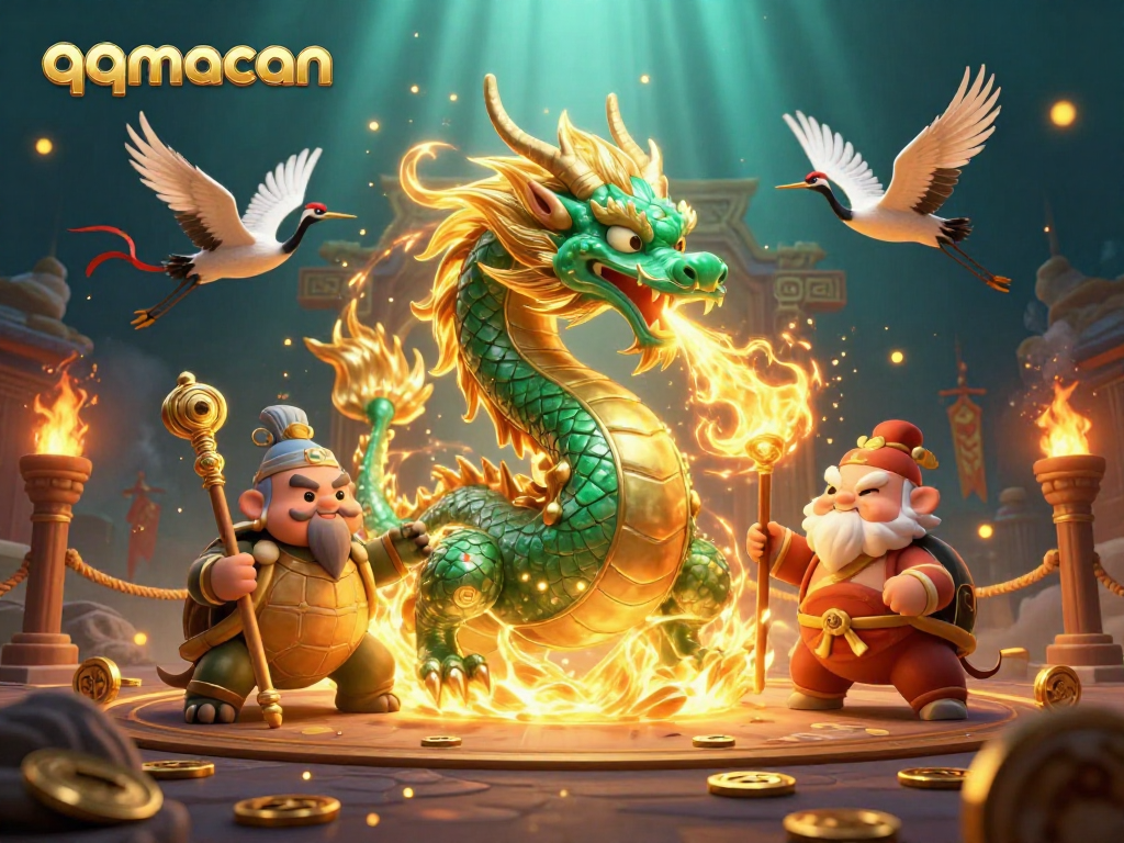 Experience the thrilling action of qqmacan with a dragon and turtle in a dynamic casino scene.