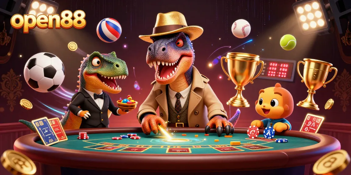 Win big at open88 with playful dinosaur characters enjoying casino games in a vibrant setting.