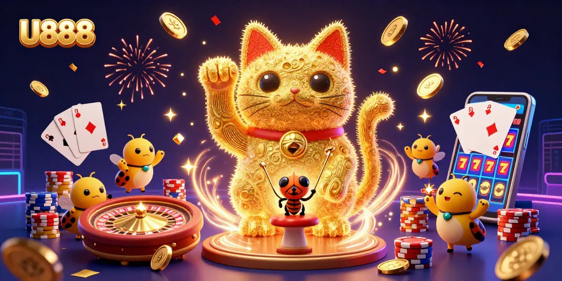 U888 showcases vibrant casino action with a lucky cat, sparkling gems, and exciting gaming elements.
