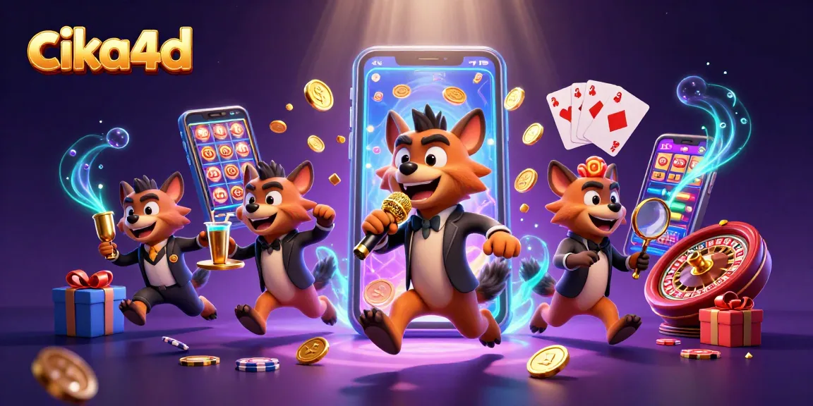 Cika4d showcases a vibrant casino scene with colorful slot games and entertaining hyena characters.