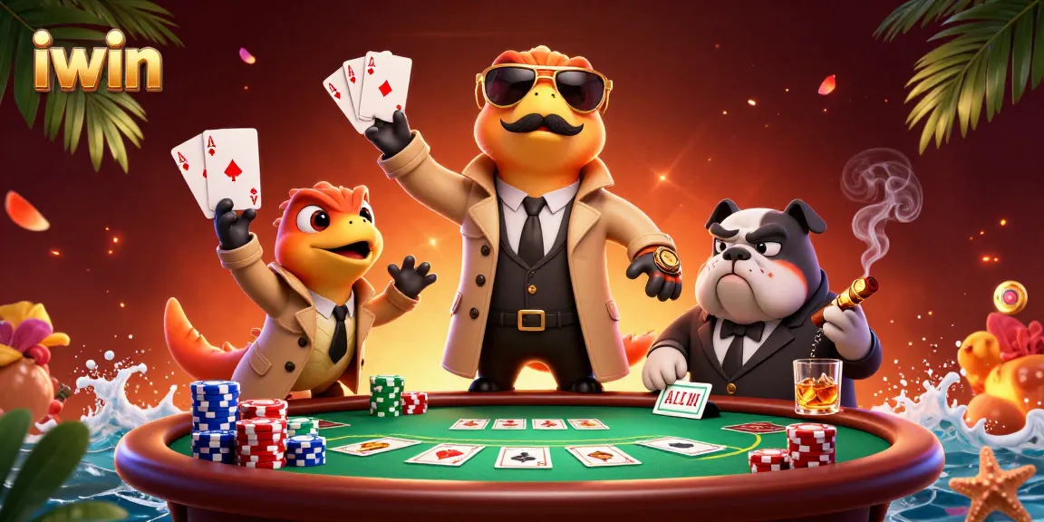 iwin showcases a trio of raptors in a trench coat entering a VIP lounge, surrounded by poker elements.