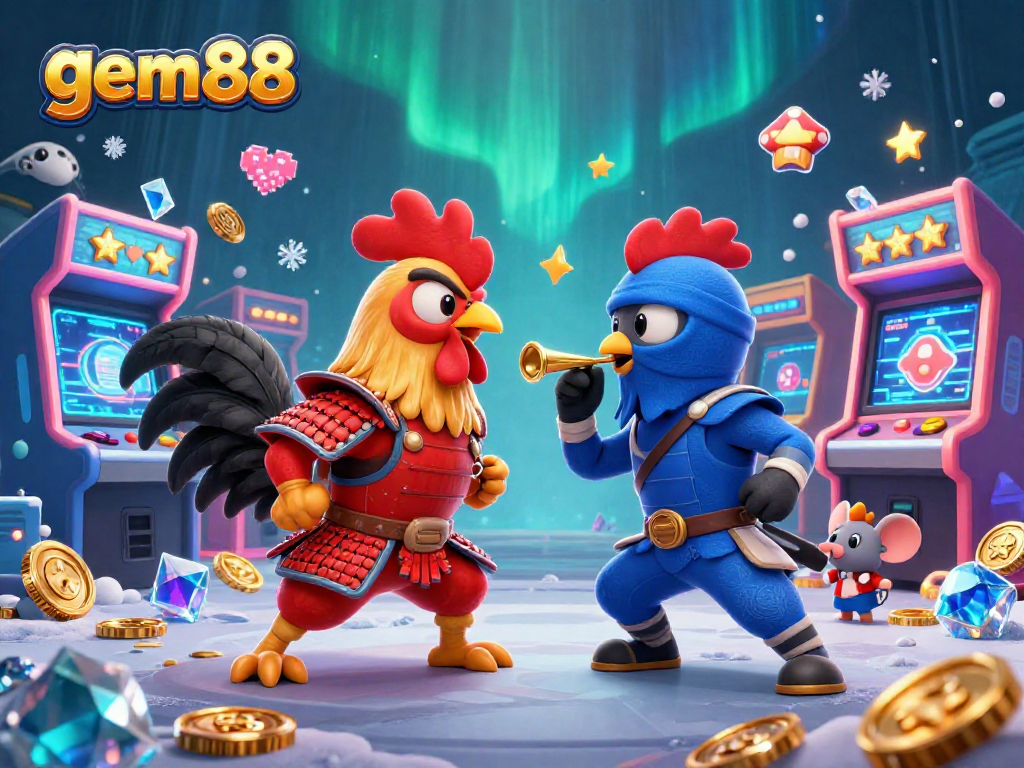 gem88 roosters battle in a vibrant casino scene filled with arcade games and magical elements.