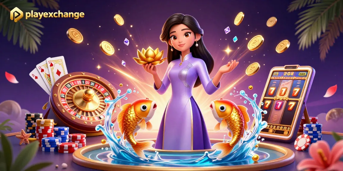 Engage with playexchange in an exciting live casino scene featuring a stylish Asian woman and golden koi fish.