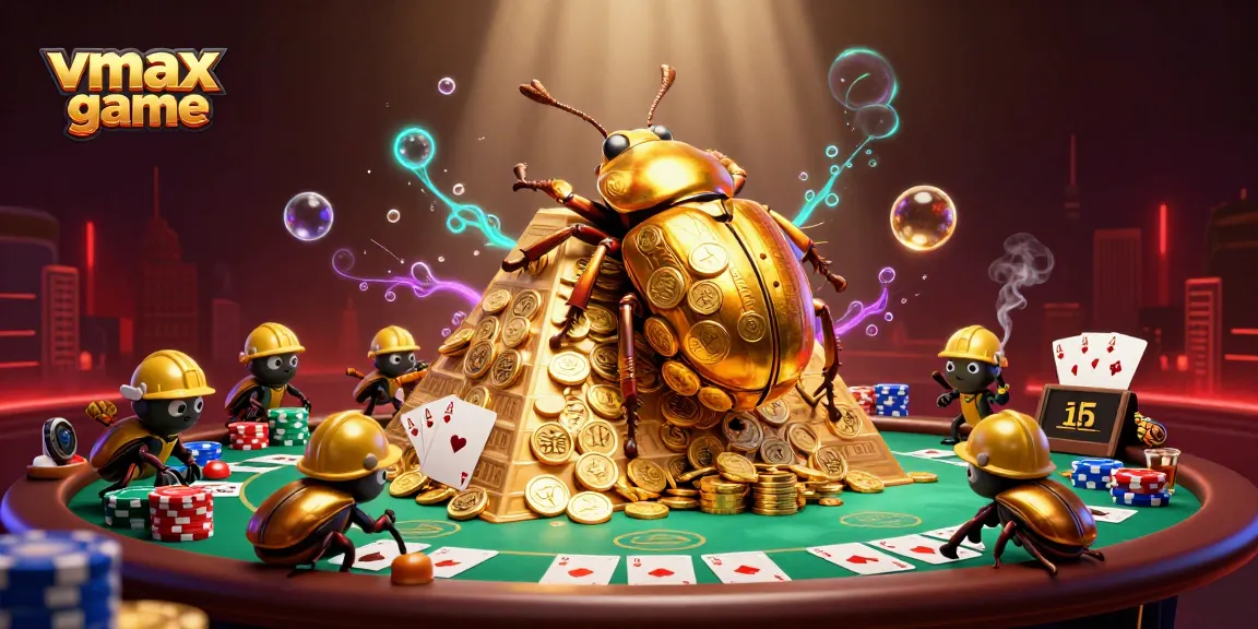 Experience the vmax game with a vivid casino scene featuring golden beetles and poker elements.
