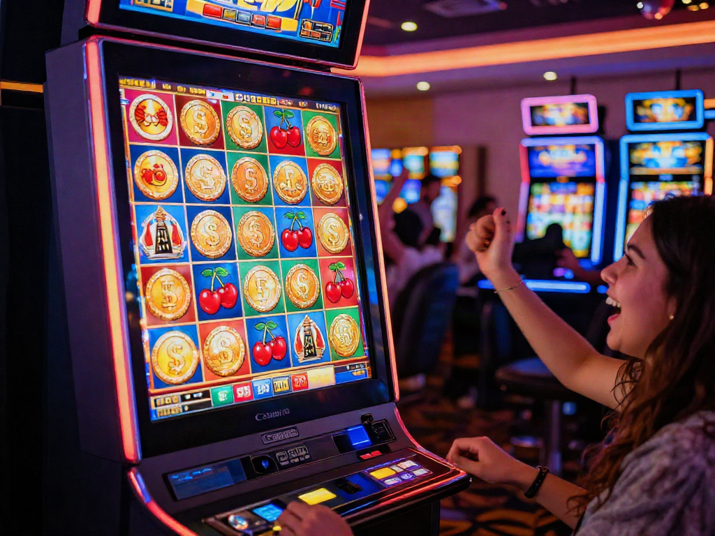 Slot jackpot machine with vibrant reels and celebrating players in a lively casino.