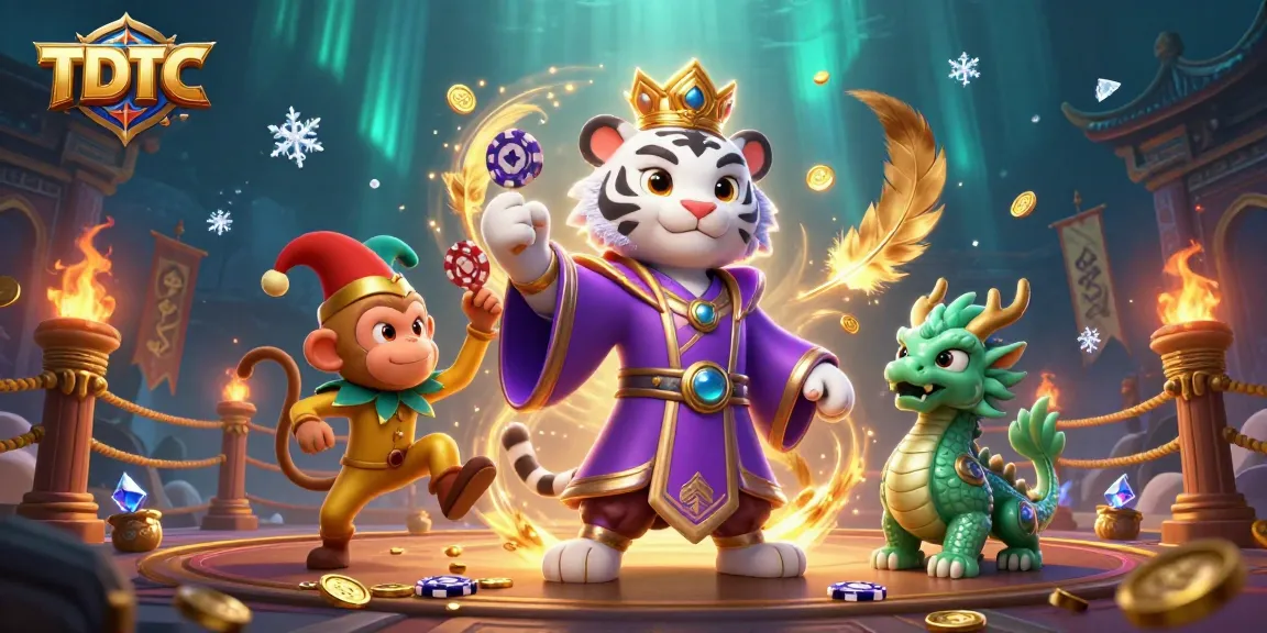 Engage with TDTC's thrilling atmosphere featuring a lively tiger, monkey, and dragon in a vivid casino scene.