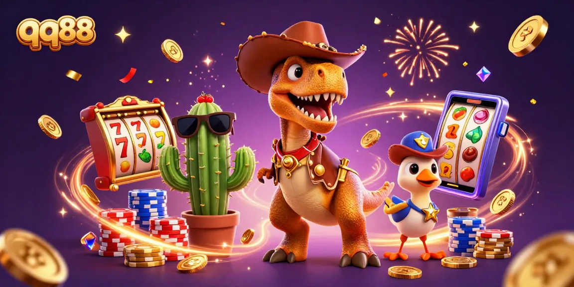Experience the excitement of qq88 with a vibrant 3D casino illustration featuring a cartoon dinosaur amidst cascading coins and slot reels.