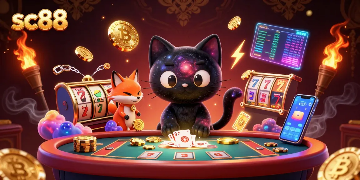 Play exciting casino games at SC88 with the enchanting black hole cat and nebula fox, enveloped in glimmering gold.