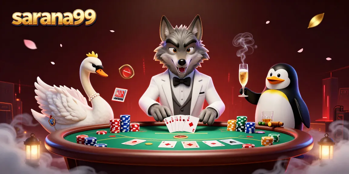 Experience excitement with sarana99 as a debonair wolf and swan deal cards at a vibrant casino scene.