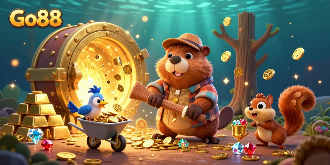 Go88 game scene with cartoon characters collecting coins in a vibrant casino setting.