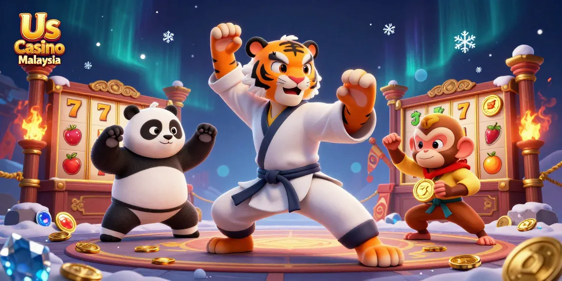 Experience Us Casino Malaysia with a kung fu tiger, panda disciple, and monkey stealing golden medals.