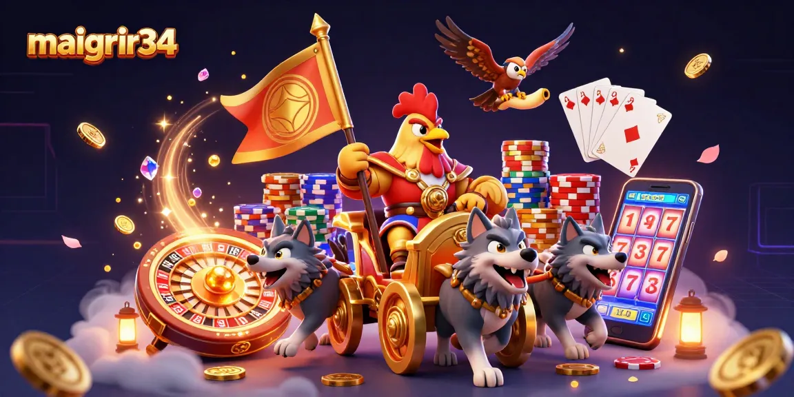 maigrir34 mise à niveau avec un roi coq dans un chariot d'or entouré de pièces et de jeux