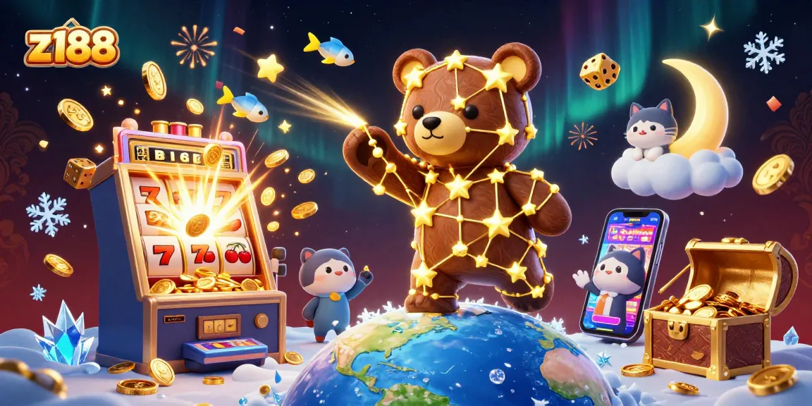 Experience Z188 casino with a vibrant 3D bear scooping coins amidst slot machines and jackpots.