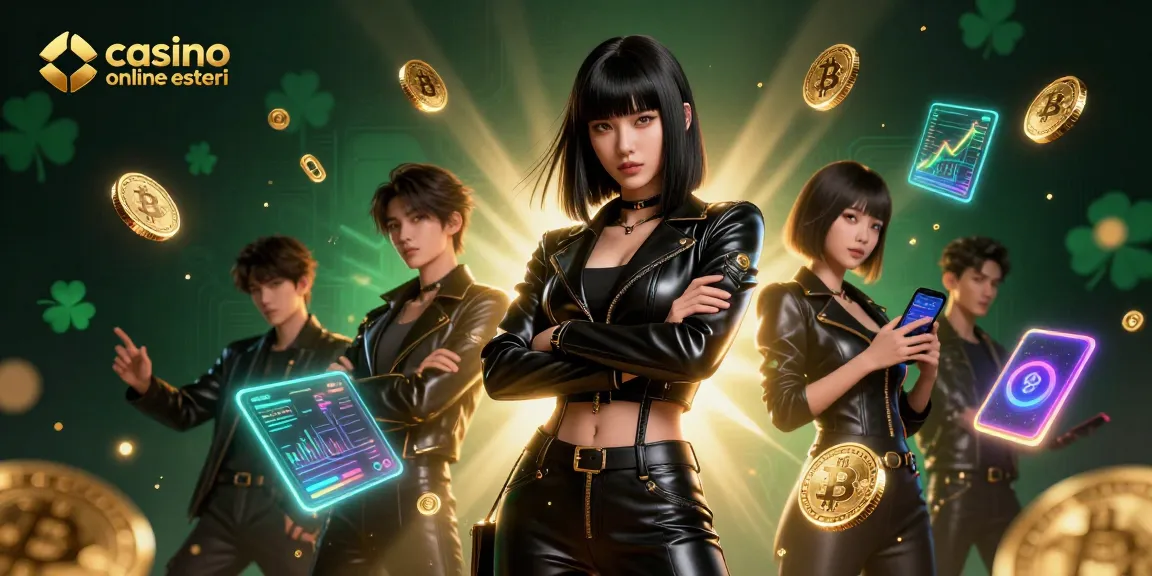 Interagisci con i casino online esteri attraverso un'illustrazione digitale vivace di una donna asiatica in un outfit di pelle circondata da elementi crypto.