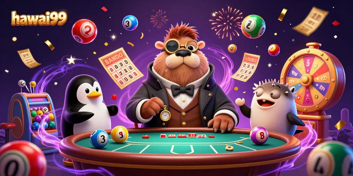 Experience the excitement of hawai99 with a jolly walrus playing poker underwater in a vibrant casino scene.