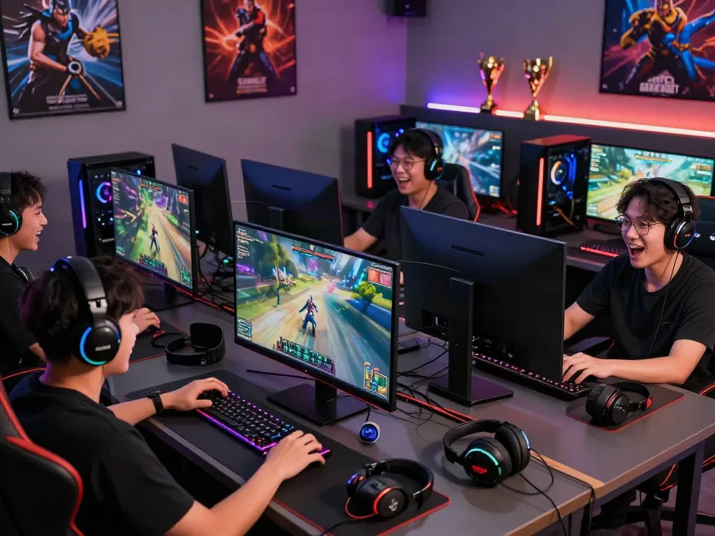 Players enjoying fast-paced games on Bro138 with high-performance setups and vibrant graphics.