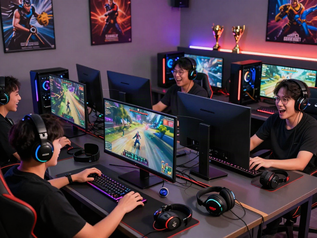 Players enjoying fast-paced games on Bro138 with high-performance setups and vibrant graphics.
