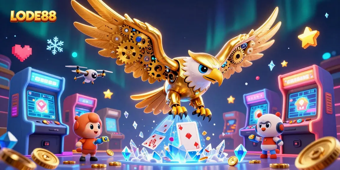 Engage with LODE88's immersive gaming action featuring cybernetic eagles and holographic casino elements.