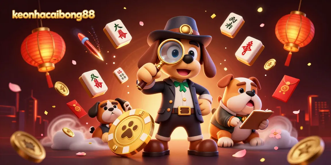 Engage with keonhacaibong88 through a dynamic illustration featuring a detective and vibrant gambling elements.