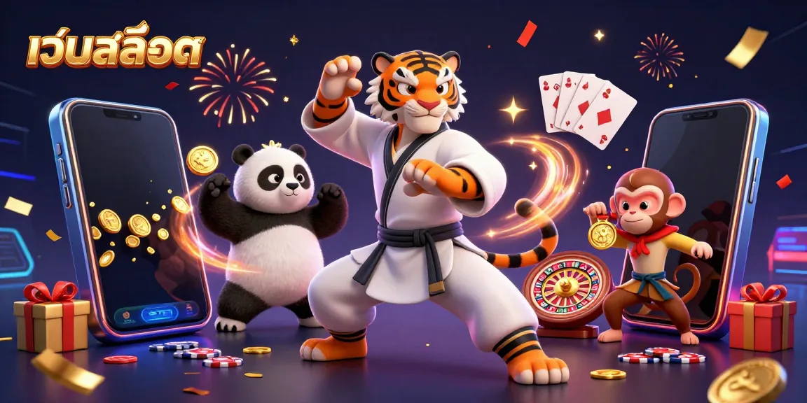 Experience the excitement of เว็บสล็อต with a kung fu tiger master, panda disciple, and monkey student in a vibrant 3D casino scene.