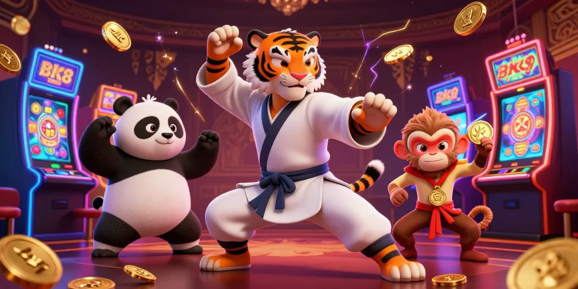 Experience the thrill of BK8 with animated characters in a vibrant casino scene, surrounded by dynamic game elements.