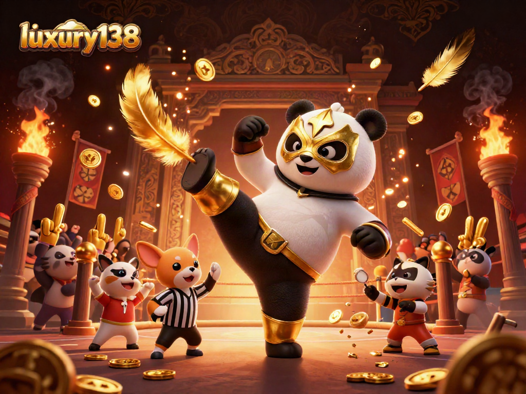 luxury138 merayakan kemenangan dengan panda bertarung di arena judi yang megah