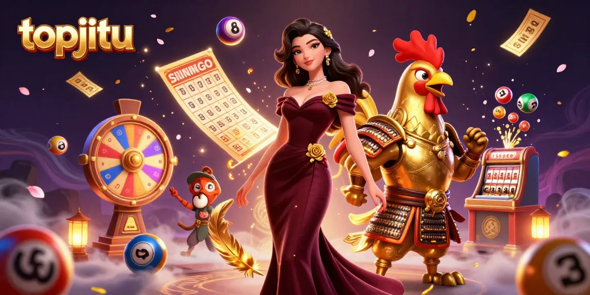 topjitu winning lottery experience with dynamic 3D illustration of glamorous characters and playful gaming elements