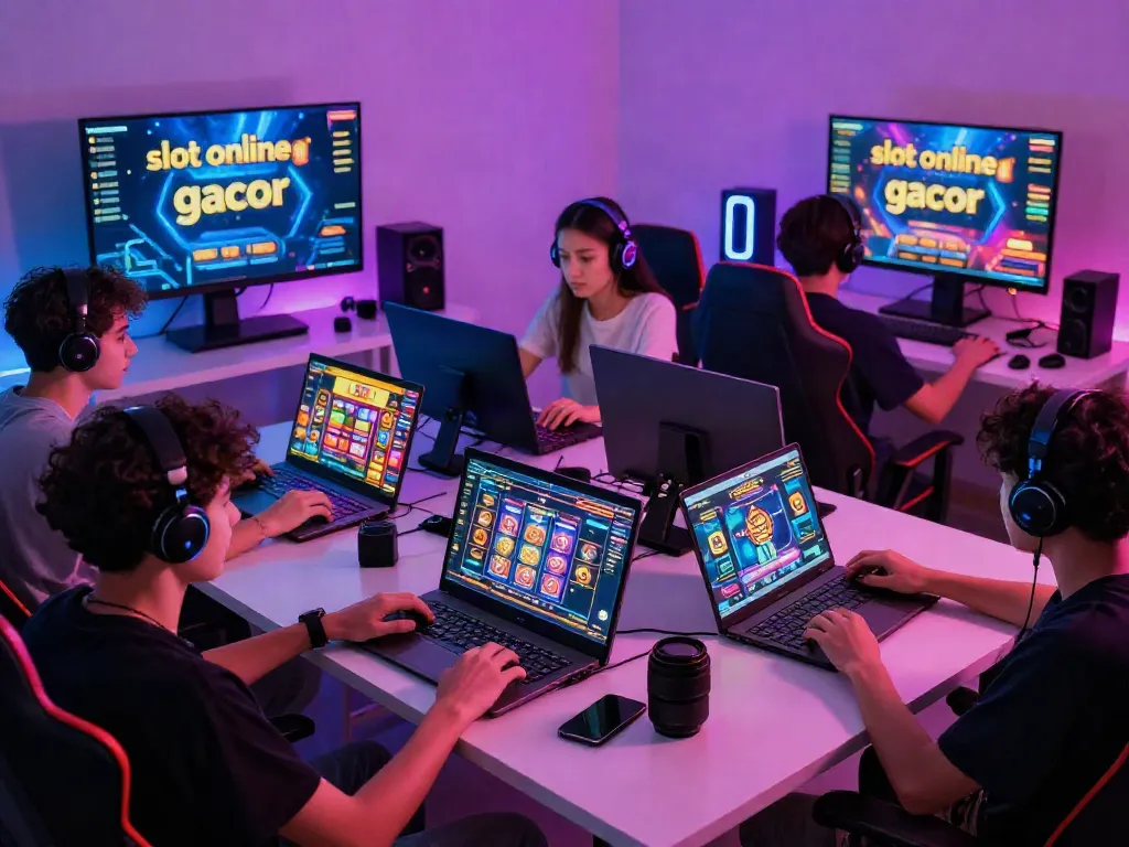 Players enjoying slot online gacor games on modern devices in a vibrant gaming setup
