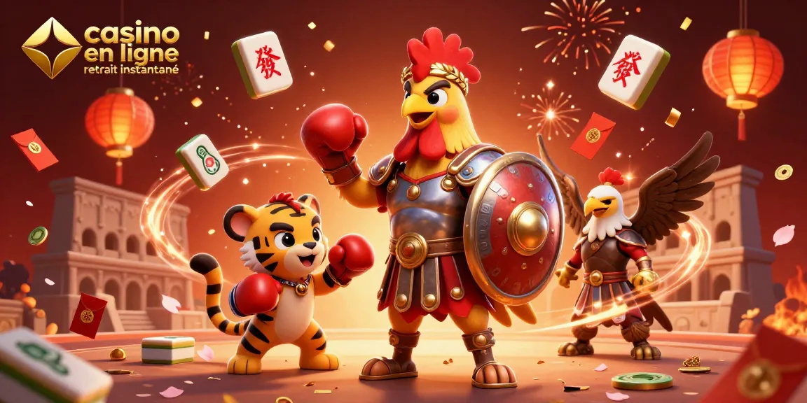 Vivez l'excitation du casino en ligne retrait instantané alors qu'un coq gladiateur se bat avec des éléments festifs.