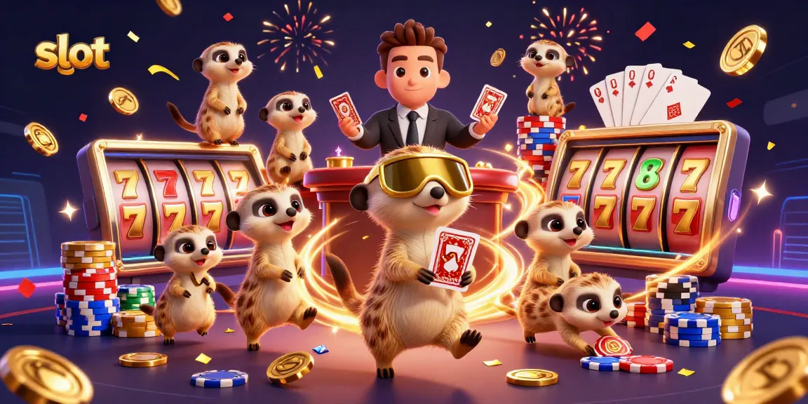 Slot online yang menyenangkan dengan koloni meerkat menjalankan operasi kasino dengan chip berkilau.