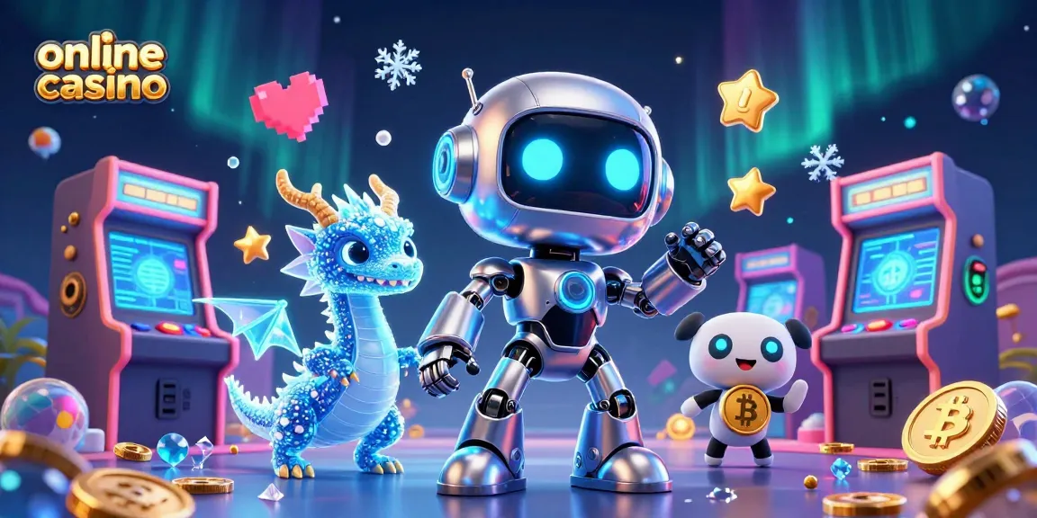 Cheerful characters promoting online casino fun with vibrant games and crypto elements.