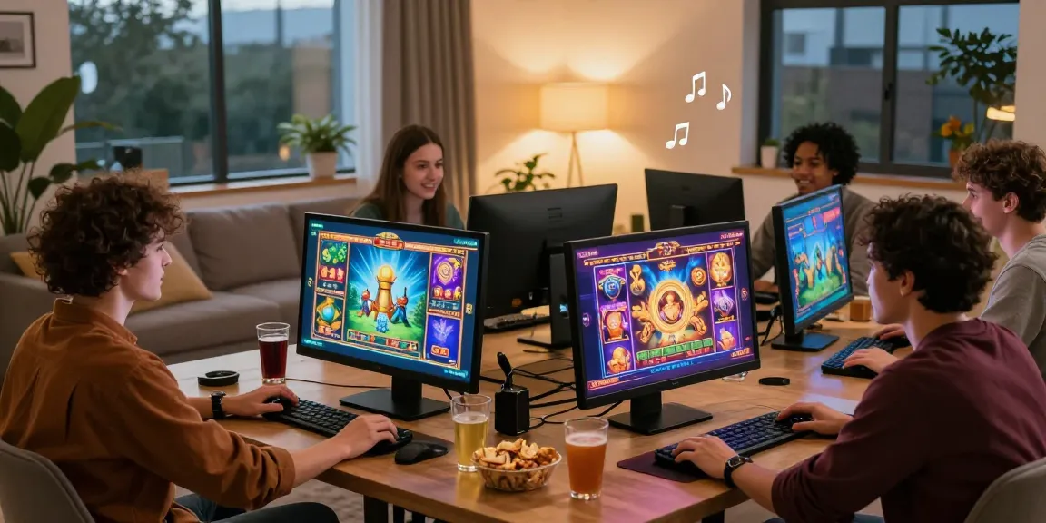 Exciting scene of friends enjoying slot online games together in a cozy living room with vibrant graphics and snacks.