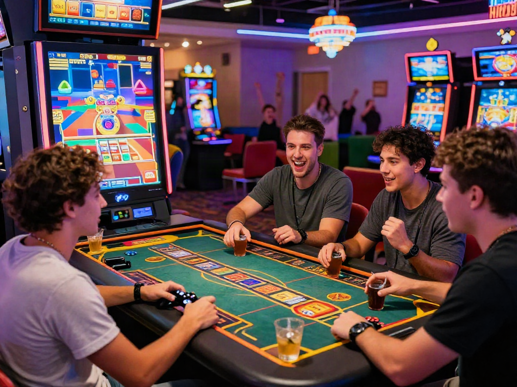 Friends enjoying a lively gambling night at slot90, vibrant casino atmosphere with gaming excitement.