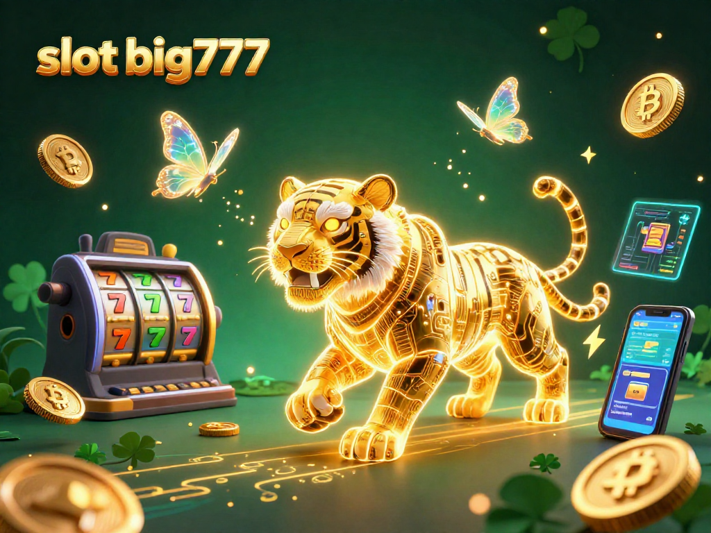 Spin the reels with slot big777 and a golden tiger amidst cryptocurrency elements in a vibrant casino scene.