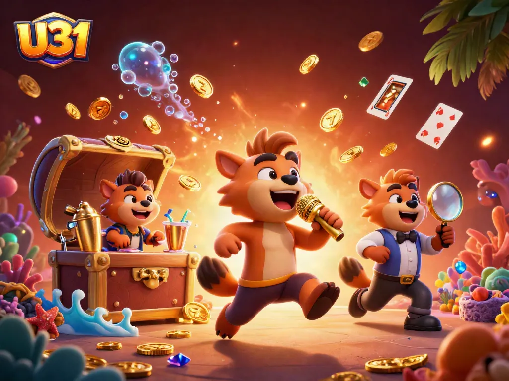 U31 hyenas engaging in casino fun, with a stand-up comedian, bartender, and bouncer amid vibrant casino elements.