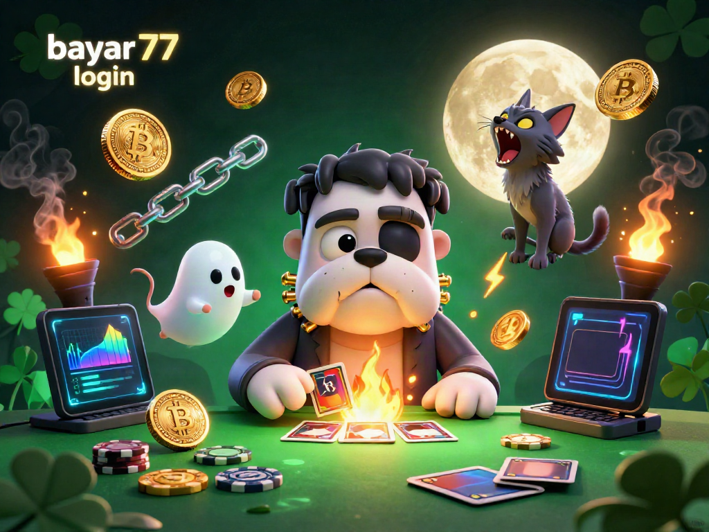 Experience seamless gameplay with bayar77 login, where a stylish Frankenstein bulldog deals cards amidst floating coins and ghostly elements.