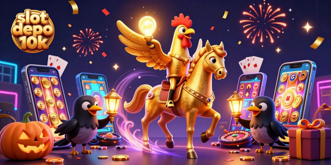 Experience the excitement of slot depo 10k with vibrant scenes of a golden rooster in a casino.