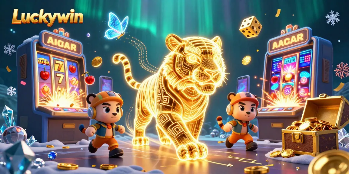 Win at Luckywin Casino with vibrant visuals of slot machines and game elements.