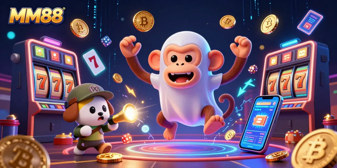 Experience the thrill of MM88 with a vibrant casino scene featuring a mischievous monkey juggling gold amidst exciting game elements.