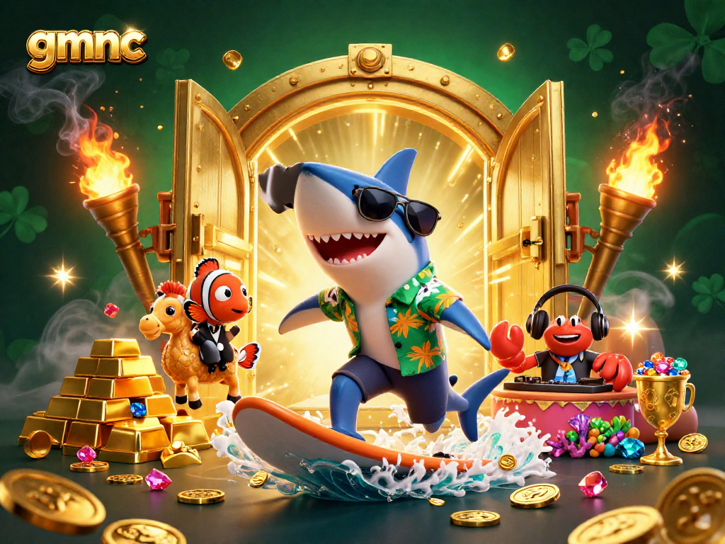 Experience gmnc's exciting gaming action with a vibrant 3D illustration of casino-themed characters.