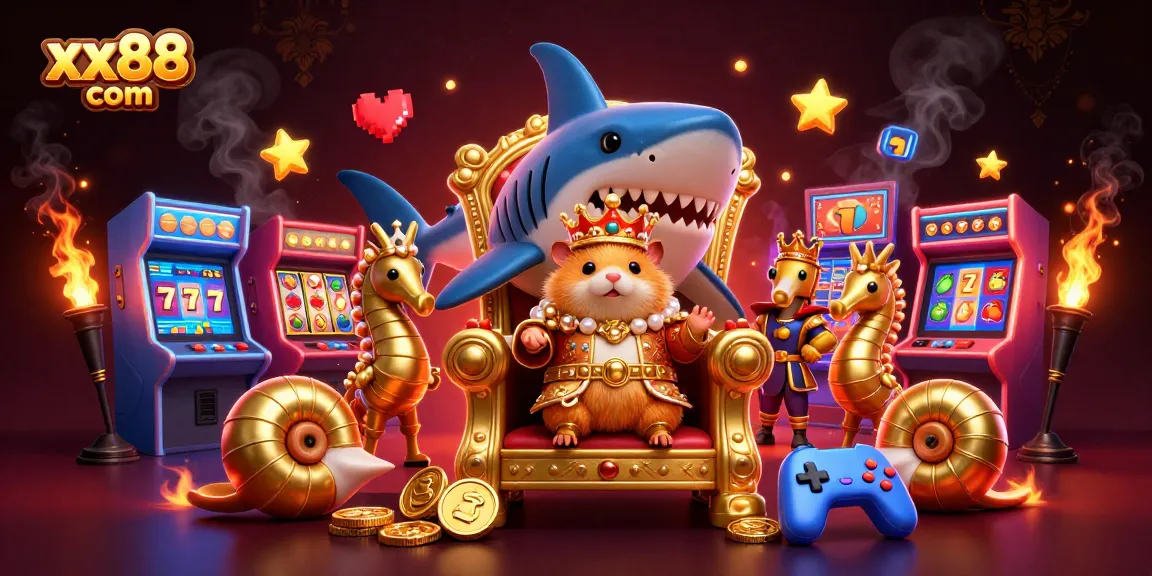 Experience gaming excitement at xx88 com with a vibrant 3D casino scene featuring a fierce hamster king.