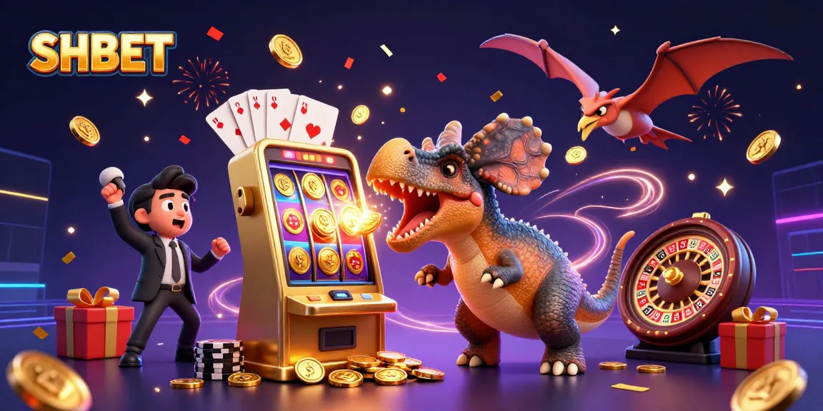 SHBET shows a pachycephalosaurus hitting a jackpot slot, surrounded by coins and excitement.