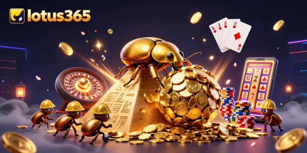 Engage in thrilling action at lotus365 with vibrant casino-themed digital art featuring golden coins, roulette, and cards.
