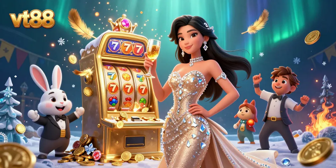 Experience thrilling gaming at vt88 with a glamorous winner beside a jackpot slot machine.