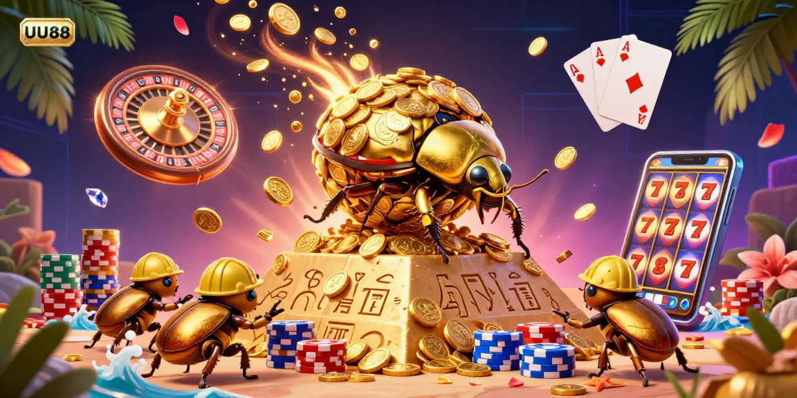 Experience thrilling gaming action with UU88 in a dazzling 3D casino scene featuring golden coins and vibrant casino symbols.