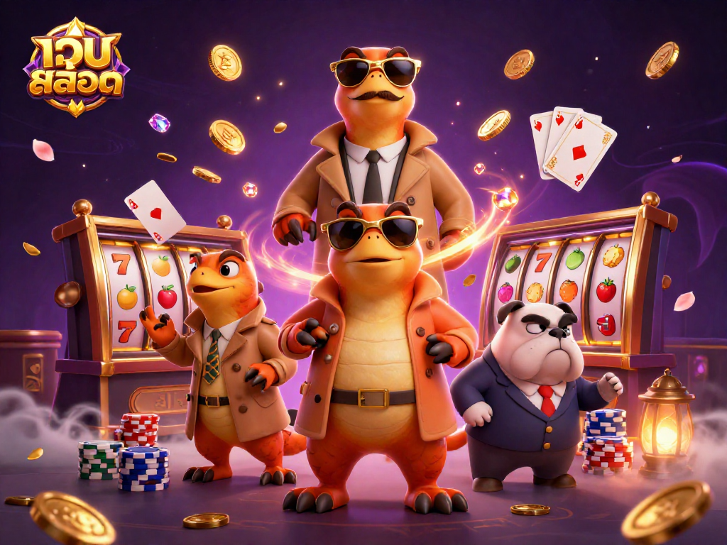 Experience thrilling gameplay with เว็บสล็อต, showcasing raptors sneaking into a VIP casino, surrounded by exciting elements.