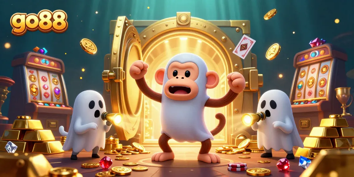 Engage with go88's vibrant casino scene with a playful monkey juggling coins and a ghost-hunter puppy.