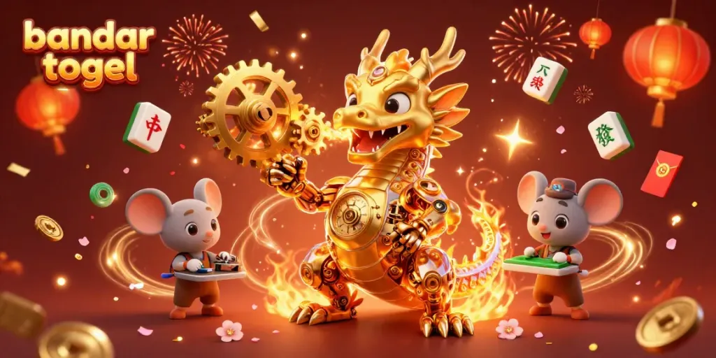 Menghadirkan bandar togel yang dinamis dengan naga emas dan koin keberuntungan di latar belakang meriah.